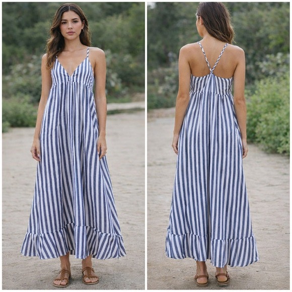 Antibes Blanc Dresses & Skirts - Antibes Blanc Linen Maxi Dress Sz 4 Blue White Striped Boho Coastal Nautical